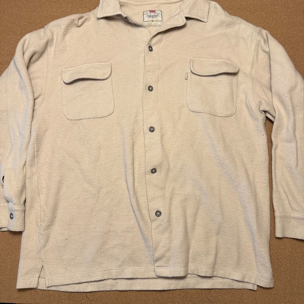 Levi's Fleece Button Down Mens XL Beige Long Sleeve Shirt Jacket Pockets Warm